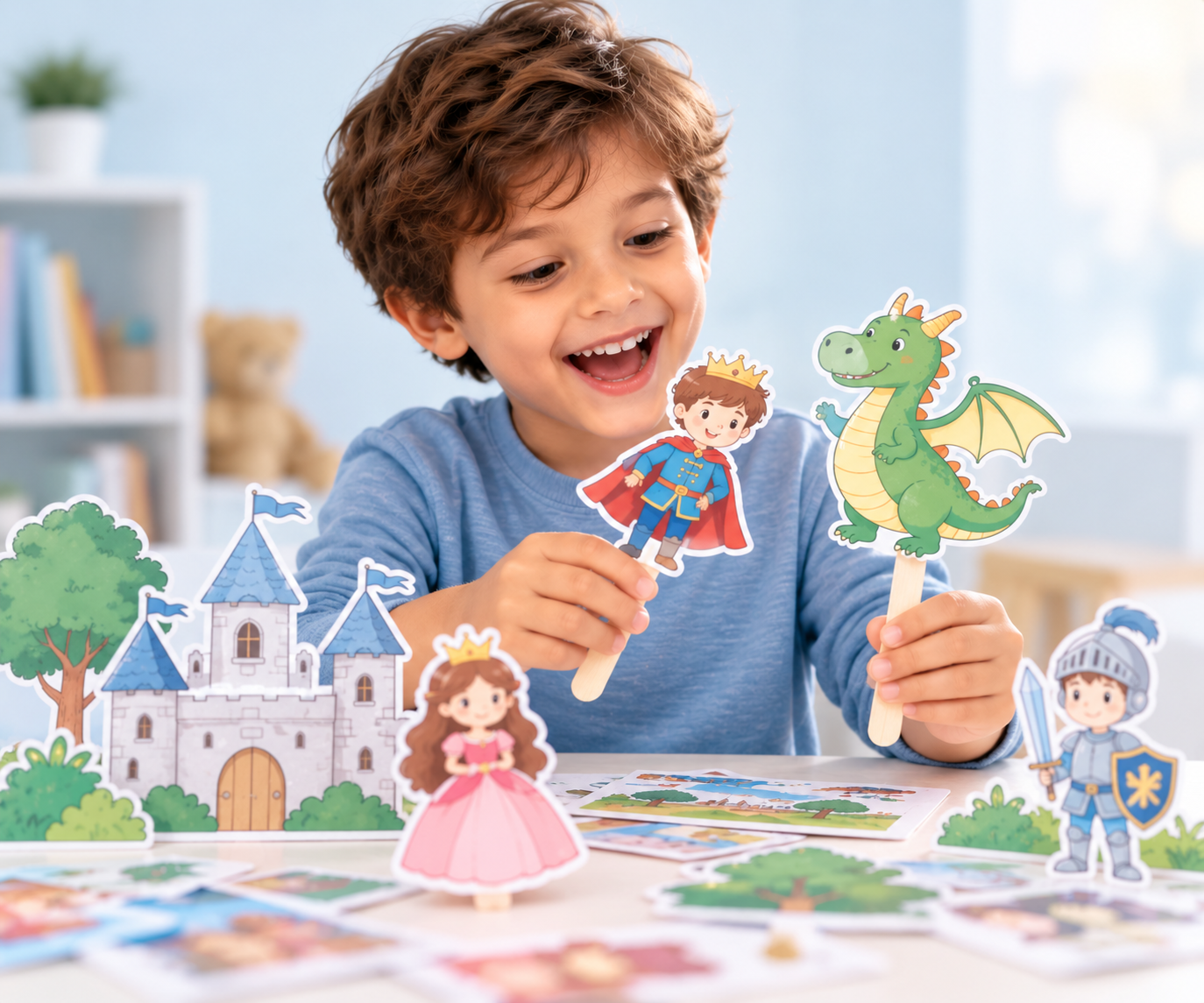 Menino brincando com palitoches de príncipe e dragão em cenário de castelo