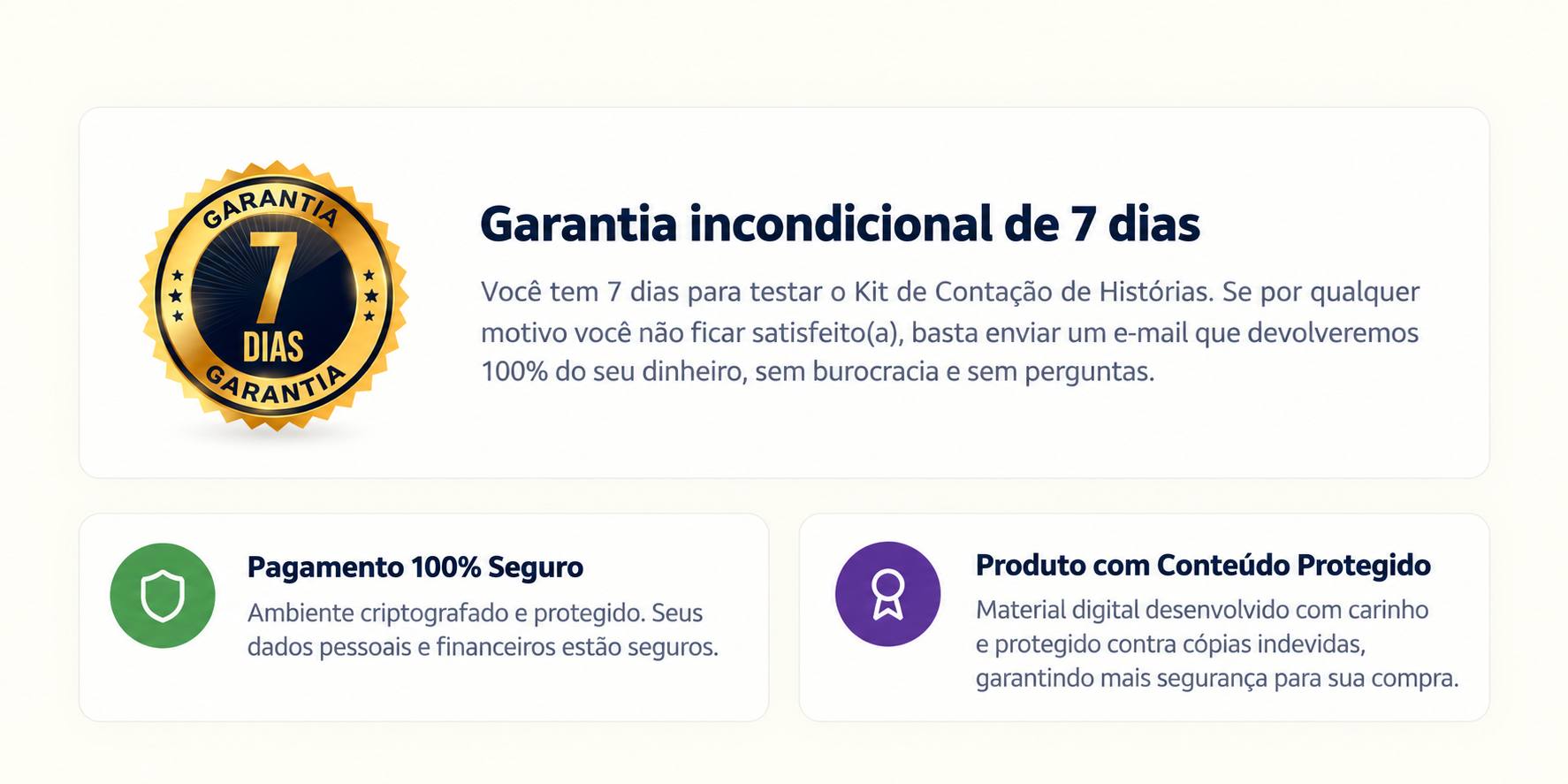 Garantia de 7 dias, pagamento seguro e produto digital