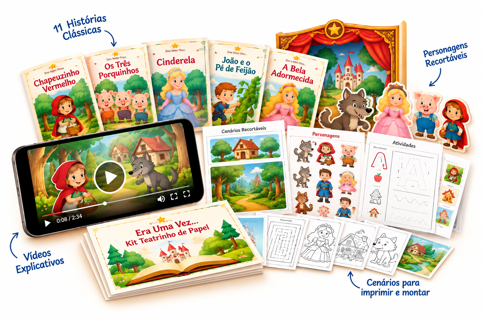 Kit de contação de histórias com livros clássicos, teatrinho, palitoches e cenários